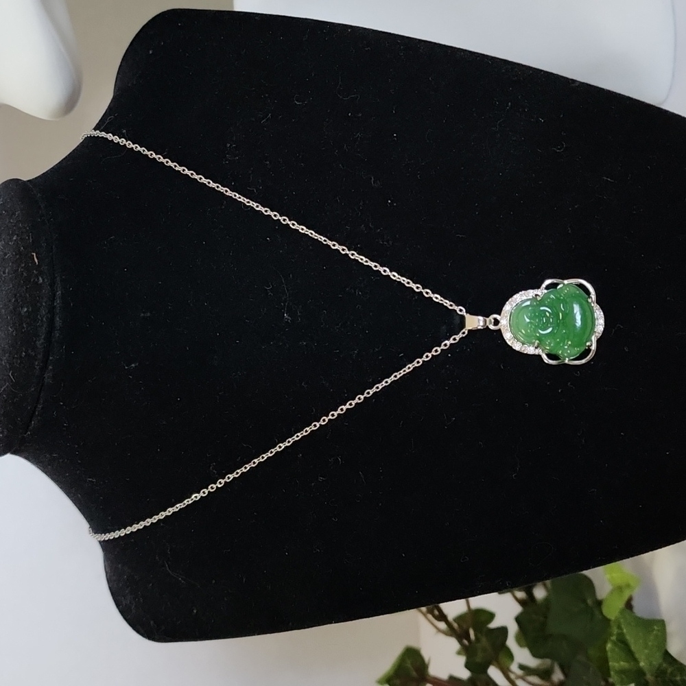 Silver Jade Green Buddah Pendant with Chain Necklace